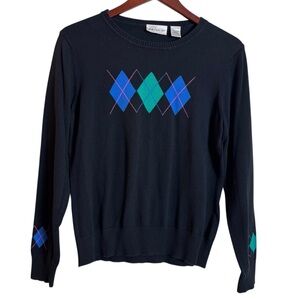 Preppy Argyle Crewneck Sweater Black Blue Size Large 100% Cotton Kim Rogers